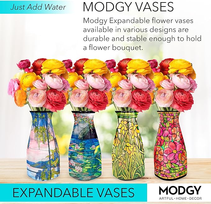 MODGY Expandable Flower Vase Set, Plastic Decorative Modern Foldable Printed Vases for Centerpieces for Wedding, Dining Table, Home Decor, Living Room, Bathroom, Office, Louis C. Tiffany, 4 Pack