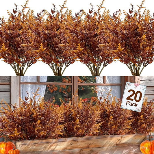 TURNMEON 20 Bundles Artificial Fall Flowers for Outdoors Fall Decorations, UV Resistant Artificial Lavender Plastic Faux Flowers Fake Mums Fall Plants Autumn Thanksgiving Decor Home Porch Gardens