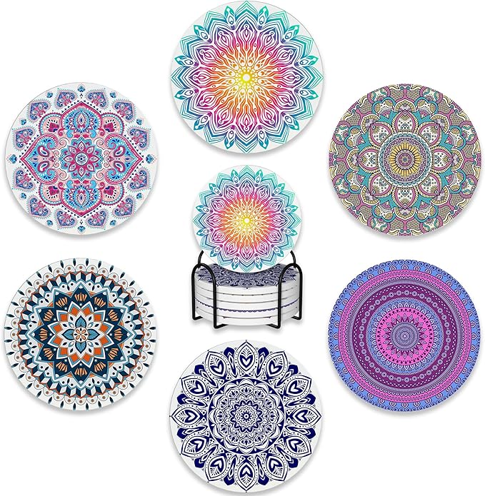 6 Pcs Coasters for Drinks with Holder,Flower Mandala Boho Absorbent Coaster with Cork Backing,Great Gift for Housewarming,Room Decor,Bar,Holiday Party