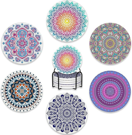 6 Pcs Coasters for Drinks with Holder,Flower Mandala Boho Absorbent Coaster with Cork Backing,Great Gift for Housewarming,Room Decor,Bar,Holiday Party