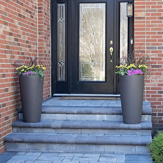 Step2 Tremont Tall Round Tapered Planter, Large Planters for Outdoor Plants, Gardening and Flower Pot for Patio or Porch, Efficient Drainage, Durable Plastic, Dark Cedar, 2-Pack