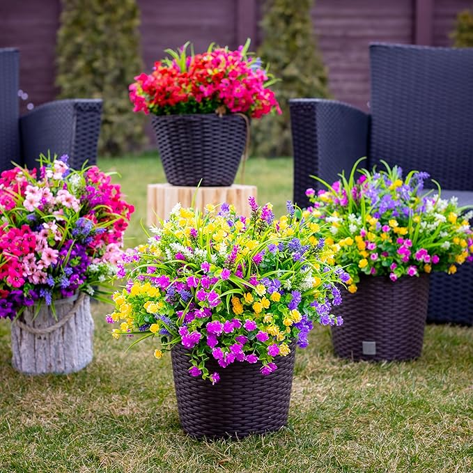 Artificial Flowers Outdoor Fake Plants - 12 Bundles UV Resistant Shrubs No Fade Faux Plastic Greenery Home Garden Porch Patio Decoration Indoor (1, Multi-12pcs)