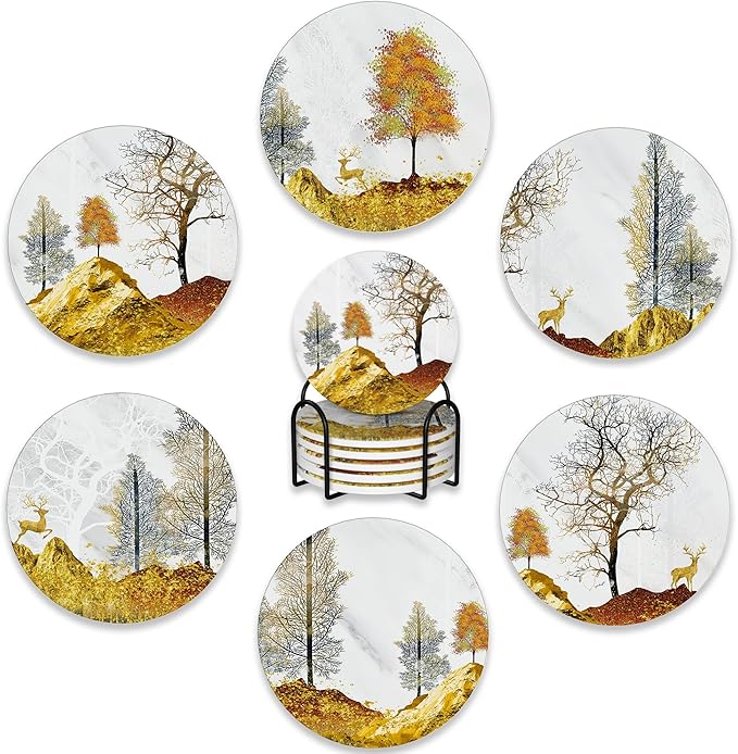 Drink Coasters Set of 6 with Holder,Golden Deer Forest Mountain Absorbent Ceramic Coasters with Cork Base,Fit All Cups,Tabletop Protection Mat for Mugs and Cups,Office,Kitchen