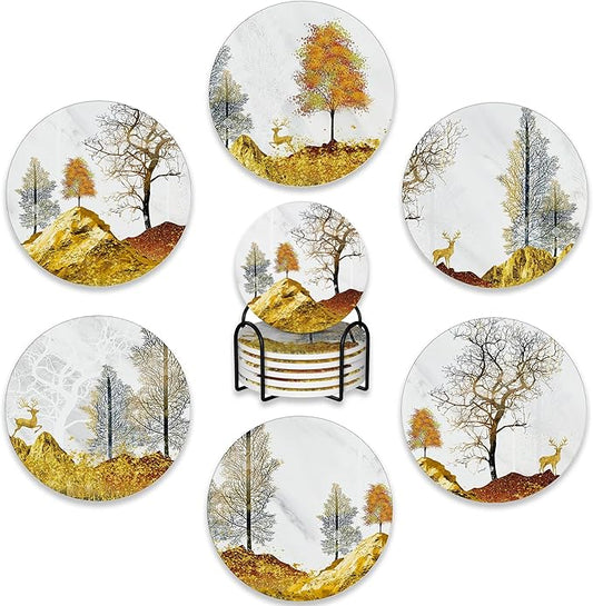 Drink Coasters Set of 6 with Holder,Golden Deer Forest Mountain Absorbent Ceramic Coasters with Cork Base,Fit All Cups,Tabletop Protection Mat for Mugs and Cups,Office,Kitchen