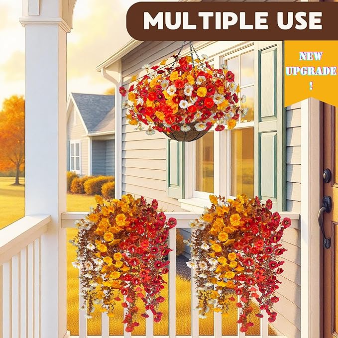 8PCS Artificial Fall Hanging Flowers for Outdoor, Fake Silk Petunias Plants, Fake Mums, Fall Outdoor Decoration, UV Resistant, Morning Glorias, for Home Garden Porch Decor (Deep Autumn)