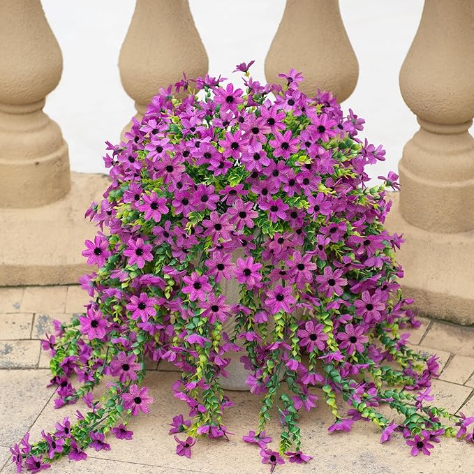 Fake Artificial Hanging Flowers for Outdoors Fake Plants Decoration, 2 Bundles Faux Silk Colorful Daisy Eucalyptus Realistic UV Resistant for Outside Home Planter Porch Patio Yard Decor(Purple)