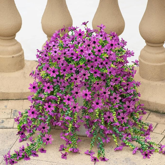 Fake Artificial Hanging Flowers for Outdoors Fake Plants Decoration, 2 Bundles Faux Silk Colorful Daisy Eucalyptus Realistic UV Resistant for Outside Home Planter Porch Patio Yard Decor(Purple)