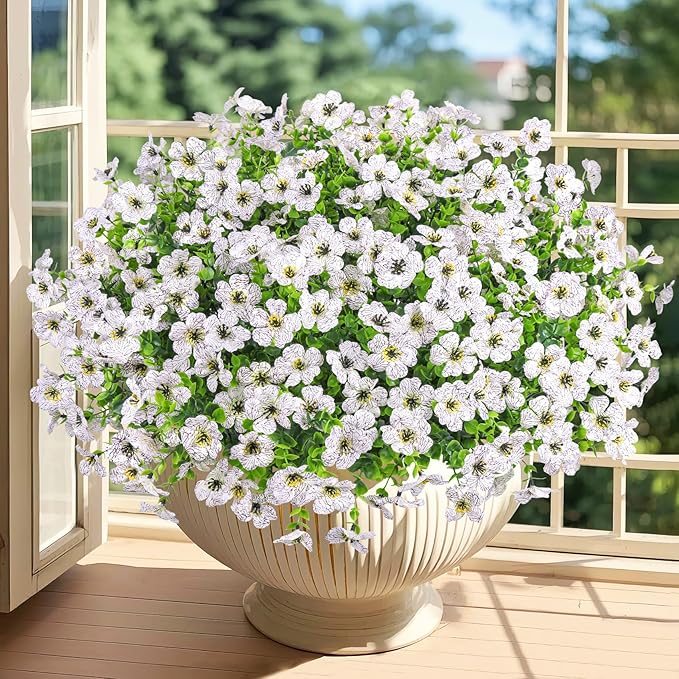 20 Bundles Artificial Flowers for Outdoors Decoration Fake Silk Flowers UV Resistant Faux Plants Artificial Daisy Eucalyptus for Spring Summer Garden Yard Porch Window Home Decor, White