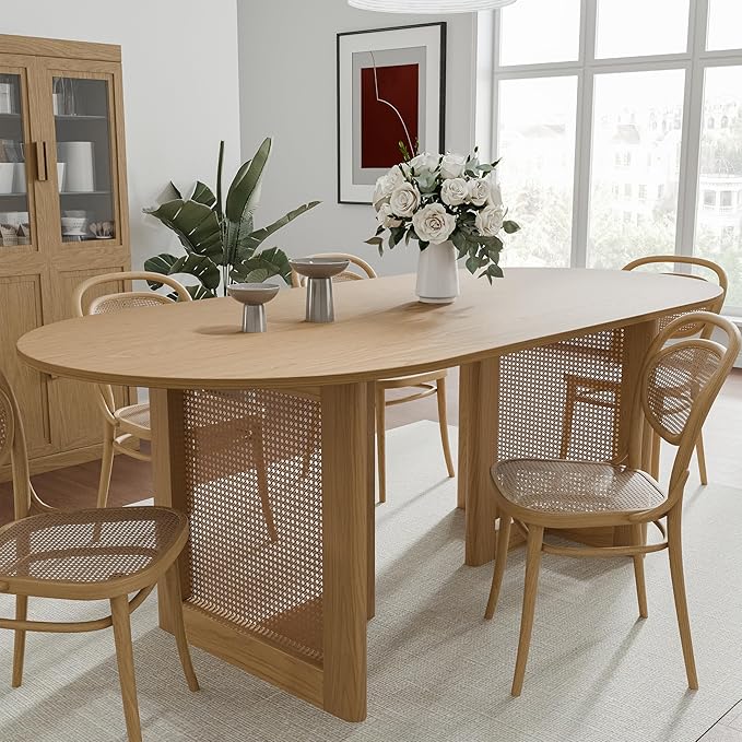 Casaphoria 67" Dining Table for 6, Wood Kitchen Table with Scratch-Resistant Top & Rattan Base, Modern Farmhouse Oval Dining Table for Living Room, Kitchen, Easy Assembly, Oak (Chairs not Included)