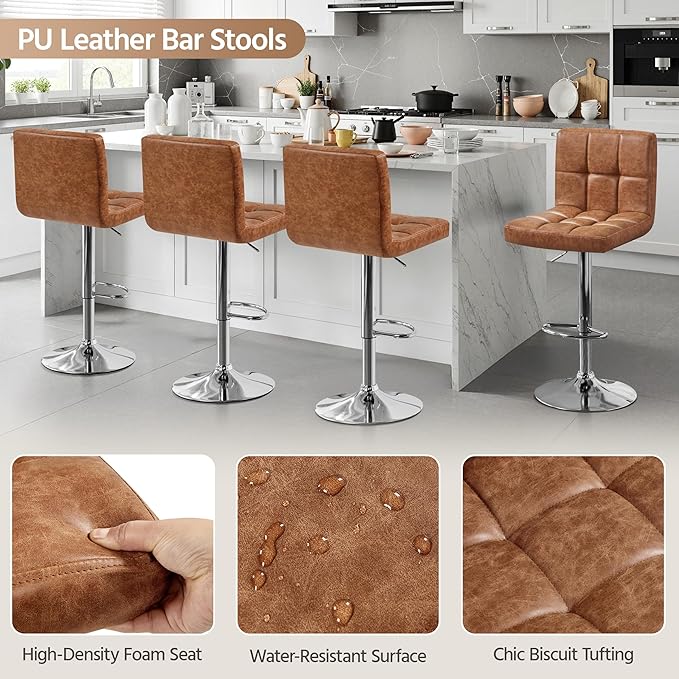 Yaheetech Bar Stools Set of 2, PU Leather Swivel Barstools, Height Adjustable Counter Chairs, Modern Stools with Back for Bar Kitchen Island Dining Room, Retro Brown