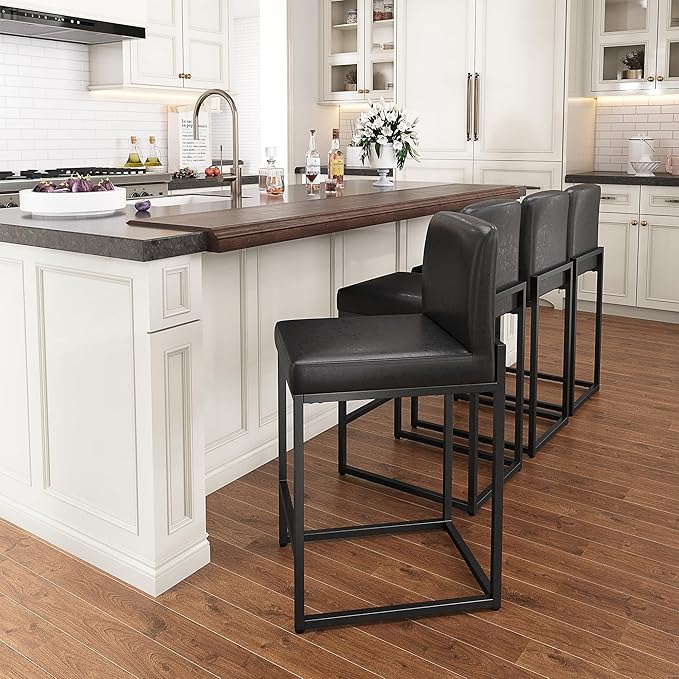 PHI VILLA Black Leather Bar Stools Set of 3, Counter Height Bar Chairs Modern Faux Leather Stools for Kitchen Island, 24 inch Barstools with Back