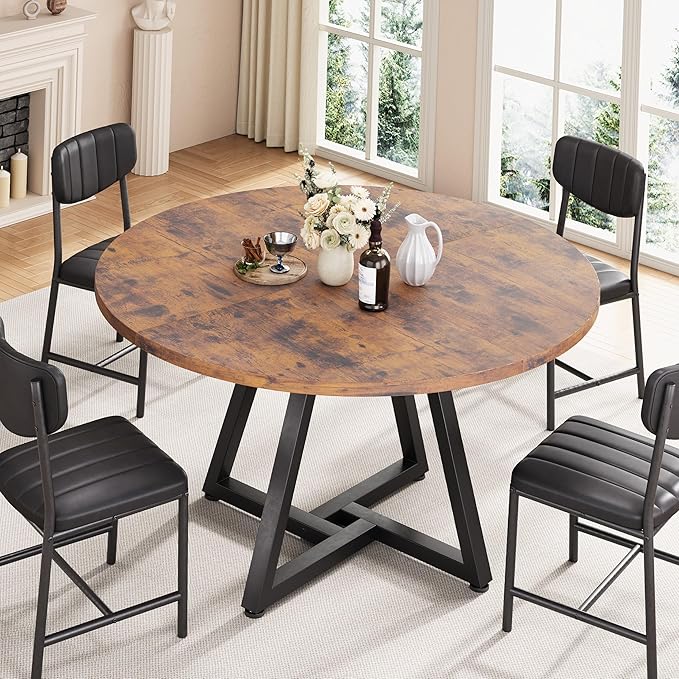 Round Kitchen Dining Room Table Circle Dining Dinner Table with Pedestal Metal Frame, Space Saving Wood Industrial Furniture for Small Space (Rustic Brown, 47IN)