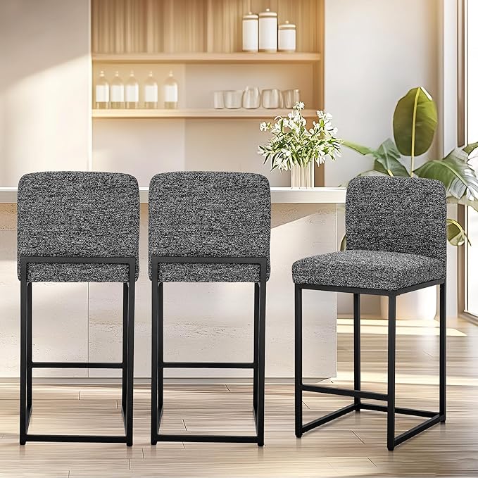ALPHA HOME 24" Bar Stools Set of 2 Kitchen Counter Stools with Back, Counter Height Stools with Upholstered Footrest for Kitchen Island, Metal Steel Frame, Chenille, Black