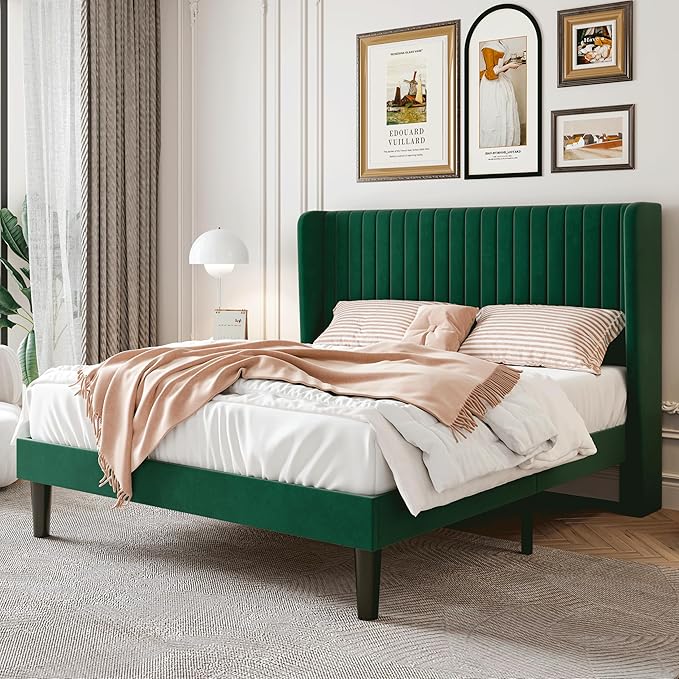 SHA CERLIN Full Size Velvet Bed Frame with Vertical Channel Tufted Wingback Headboard, Upholstered Platform Bed with Wood Slats, No Box Spring Needed, Easy Assembly, Green