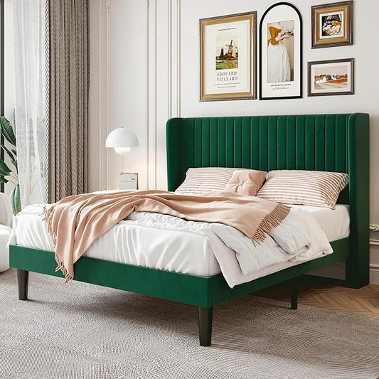 SHA CERLIN Full Size Velvet Bed Frame with Vertical Channel Tufted Wingback Headboard, Upholstered Platform Bed with Wood Slats, No Box Spring Needed, Easy Assembly, Green