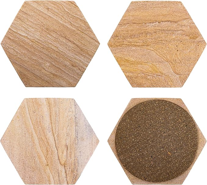 Sandstone Water Absorbent Hand Crafted Hexagon Coasters for Drinks - 4 Inches Wide Thirsty Stone Bar/Drink Coasters- Made from Rainbow Sandstone (Set of 4 Without Holder)