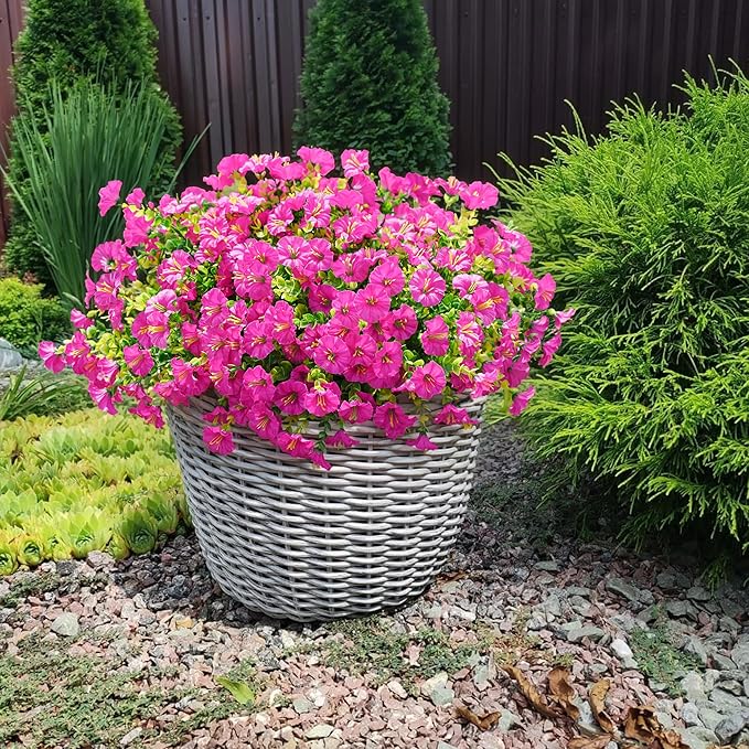 Artificial Flowers Fake Plants for Outdoors Decoration, 12 Bundles Silk Morning Glory with Eucalyptus Realistic UV Resistant Fuchsia Faux Flowers for Outside Planter Yard Patio Garden Home Indoor