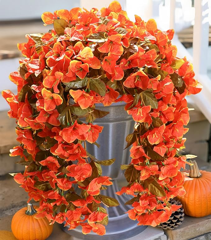 Bougainvillea Artificial Fall Hanging Flowers Plants for Outdoors Autumn Decoration, 2pcs Faux Bougainvillea Vines Orange Fake Flowers Realistic UV Resistant Silk Flowers for Outside Planter Yard Home