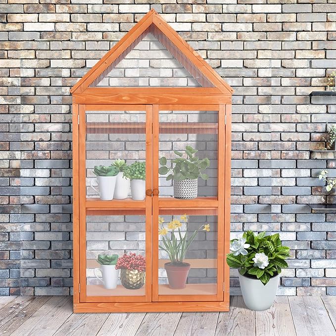 MCombo Greenhouse Cold Frame Wooden Garden Raised Flower Planter Shelf with Hard Translucent PC Protection, 0800 (Orange)