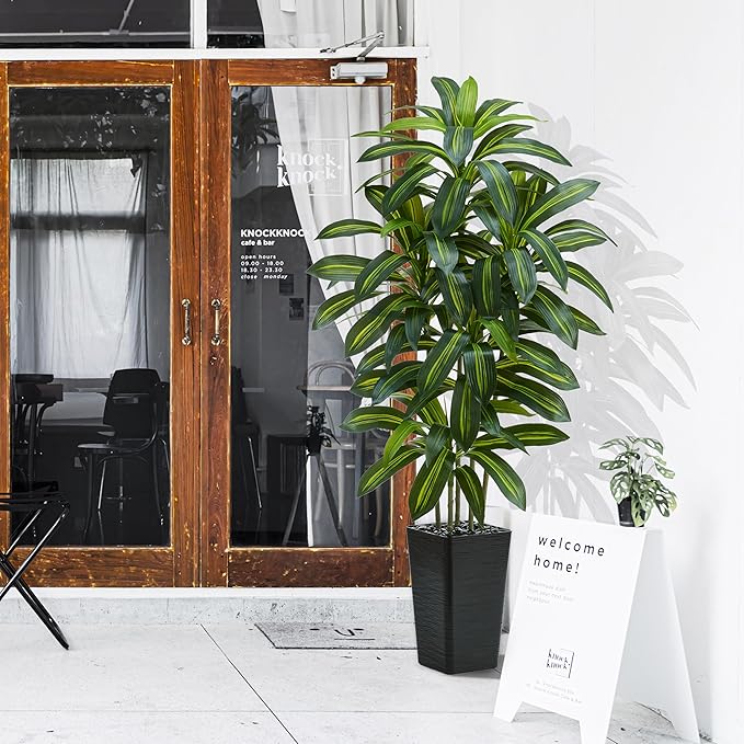 Artificial Dracaena Tree：5FT Faux Silk Tropical Yucca Floor Trees Realistic Fake Green Plant with Natural Wood Trunk & Lifelike Leaves for Home Office Decor Indoor & Outdoor (5FT,1-Pack,Black)