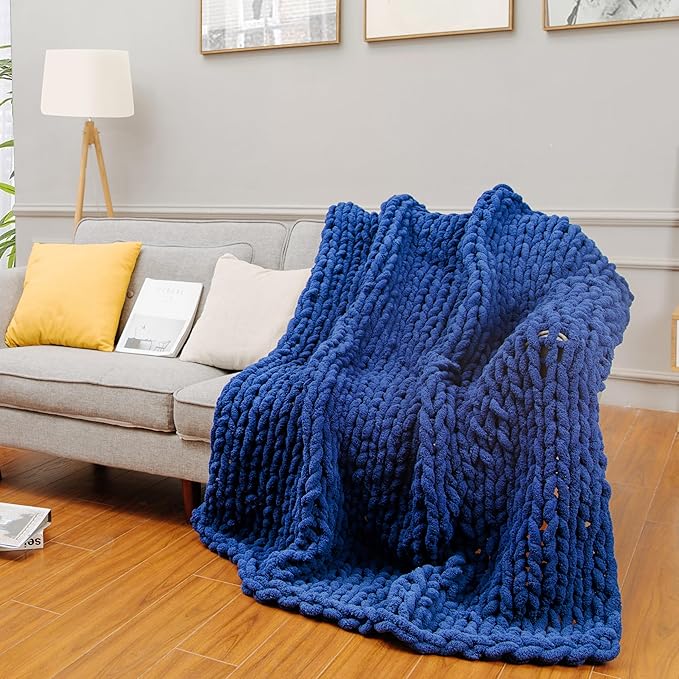 clootess Chunky Knit Blanket Chenille Throw - Warm Soft Cozy for Sofa Bed Boho Home Decor (Navy 40x60 in)