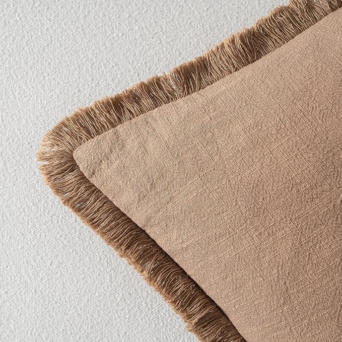 MIULEE Decorative Throw Pillow Covers Neutral Linen Fringe Throw Pillows Euro Shams Set of 2 Brown Boho Farmhouse Cushion Covers for Couch Sofa Bed Living Room Spring Home Decor 22x22 Inch