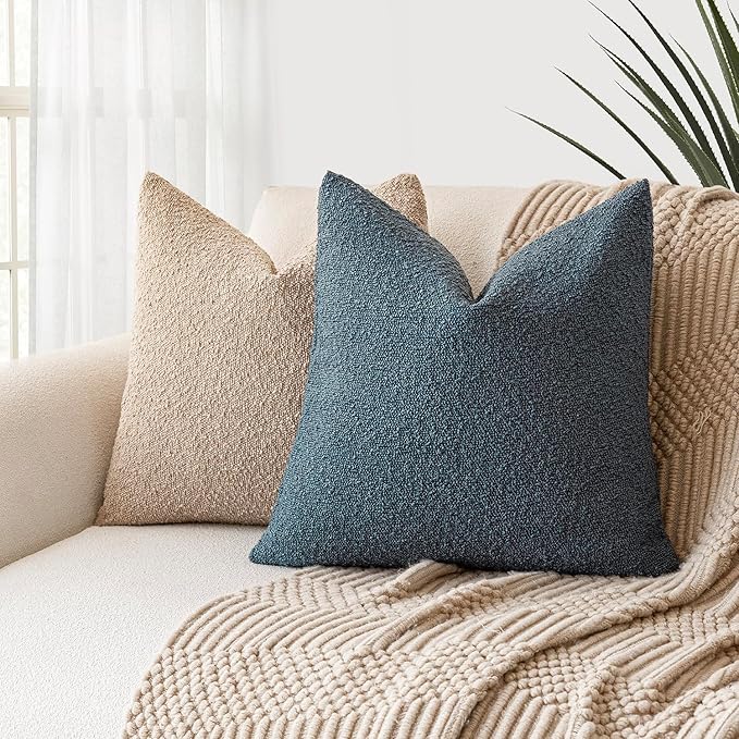 Foindtower Pack of 2, Decorative Textured Boucle Throw Pillow Covers Accent Solid Pillow Cases Cozy Soft Couch Cushion Case for Chair Sofa Bedroom Living Room Home Decor 22 x 22 Inch Blue