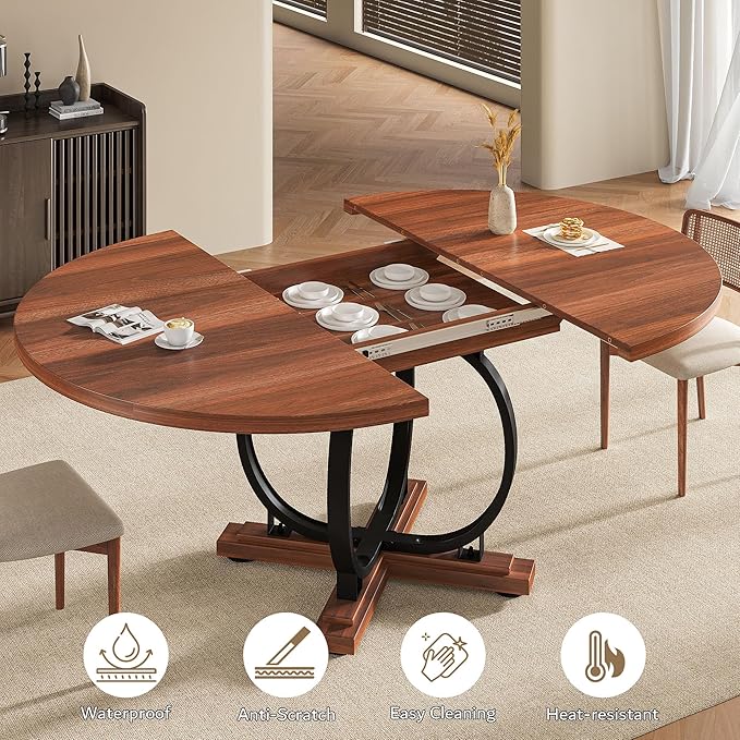 59" Round Extendable Dining Table for 4-6, Modern Oval Kitchen Table with Heavy Duty Curved Legs & Wood X-Based, MDF Board with Spring Buckle, Space Saving, Dining Kitchen Living Room, Walnut