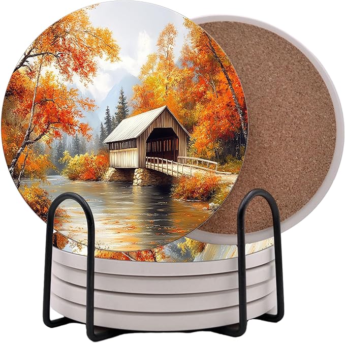Fall Season Leaves Round Coasters Set of 6 - Abosrbent Ceramic Coasters with Metal Stand for Drinks, Coffee, Non-Slip Cork Back for Tabletop Protection, 4 Inches (Bridge)
