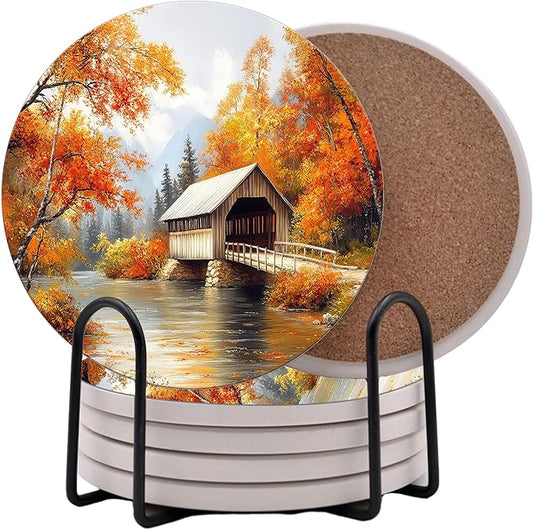 Fall Season Leaves Round Coasters Set of 6 - Abosrbent Ceramic Coasters with Metal Stand for Drinks, Coffee, Non-Slip Cork Back for Tabletop Protection, 4 Inches (Bridge)