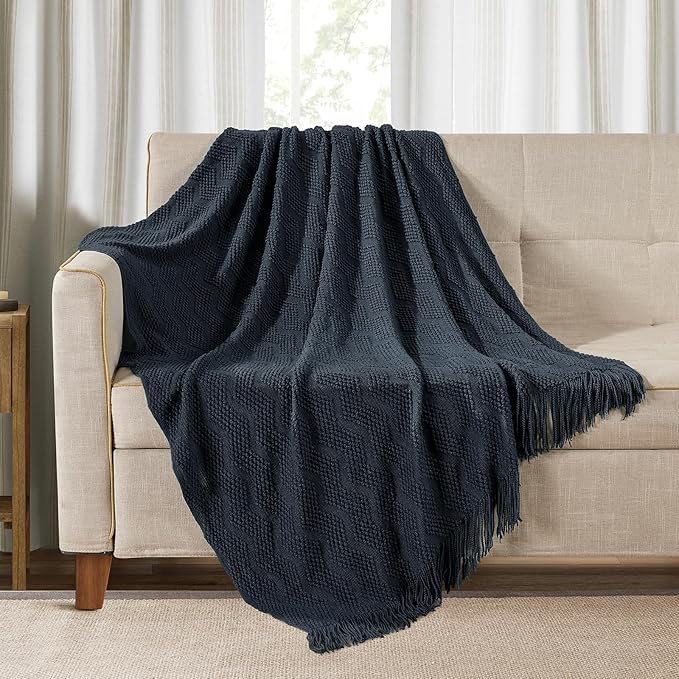 BOURINA Navy Throw Blanket 50x60 Inches Throw Textured Solid Soft Ripple Throws and Blankets for Sofa or Bed Knitted Decorative Blanket