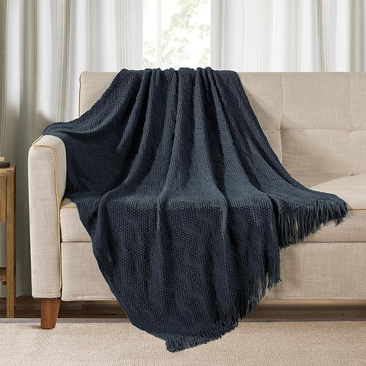 BOURINA Navy Throw Blanket 50x60 Inches Throw Textured Solid Soft Ripple Throws and Blankets for Sofa or Bed Knitted Decorative Blanket