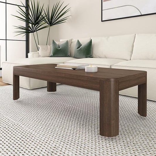 Plank+Beam Modern Rounded Coffee Table, 54 Inch, Solid Wood Contemporary Center Table for Living Room, Rectangle Tea Table, Walnut
