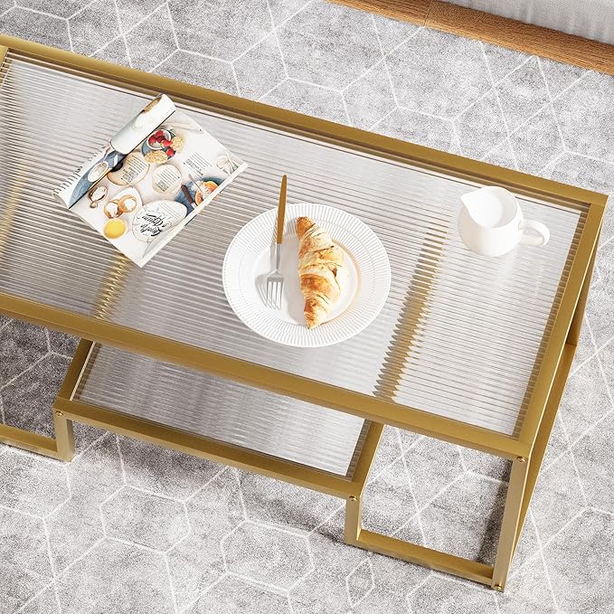 Coffee Table Gold Glass Coffee Table for Living Room,2 Tiers Rectangle Center Table with Ribbed Glass Top and Sturdy Metal Frame,Modern Glass Accent Table for Bedroom Home Office