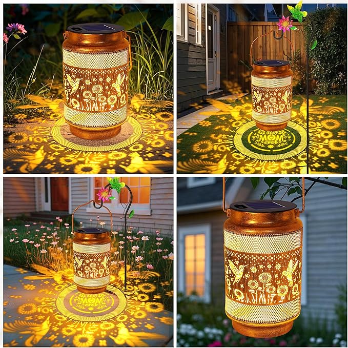Gifts for Mom, Mothers Day Gift Solar Lanterns Outdoor, Mother Birthday Gift from Daughter Son, Metal Solar Hanging Hummingbird Lights with Shepherd Hook for Outside Garden Yard Patio Pathway