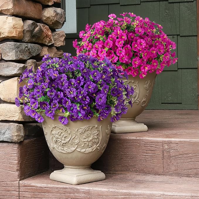 Artificial Flowers Fake Plants for Outdoors Decoration, 12 Bundles Purple Silk Morning Glory with Eucalyptus Realistic UV Resistant Faux Flowers Greenery for Outside Planter Yard Garden Home Indoor