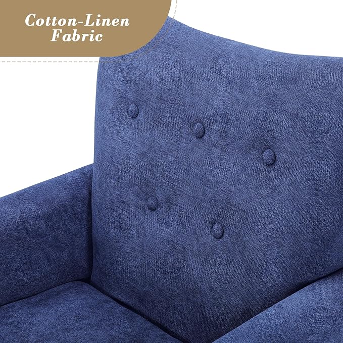 Athena Collection Mid Century Modern Chair for Living Room, Upholstered Wingback Reading Chair for Adults, Comfy Linen Fabric Armchair with Wooden Legs for Bedroom, Dorm, Balcony, Blue