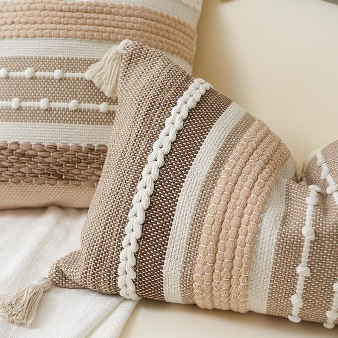 BlissBlush Brown Decorative Throw Pillow Cover 18x18 Square Boho Accent Pillowcase Tassels Farmhouse Cushion for Couch Sofa Bedroom Livingroom Home Décor Cover ONLY (Pack of 1)