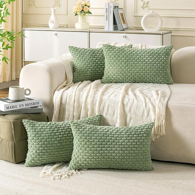 Set of 4 Sage Green Decorative Throw Pillow Covers 12x20 Inch Corduroy Pillow Covers for Bed Couch Sofa Living Room Soft Cushion Cases