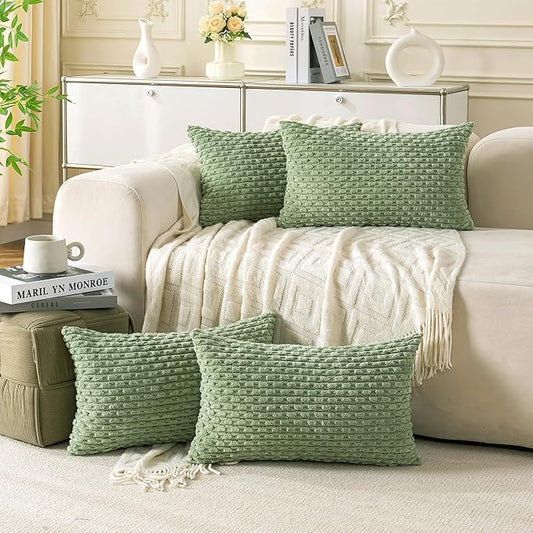 Set of 4 Sage Green Decorative Throw Pillow Covers 12x20 Inch Corduroy Pillow Covers for Bed Couch Sofa Living Room Soft Cushion Cases