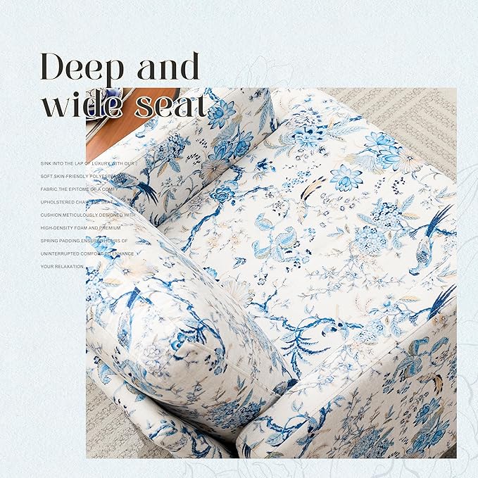 Mid-Century Accent Chair,Modern Linen Fabric Armchair for Living Room,Comfy Upholstered Reading Accent Chairs for Bedroom,Single Sofa Chair with Wood Legs (Blue Flowered Bird, 2 Pack)