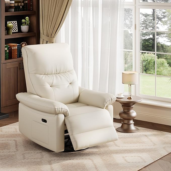 GarveeHome Recliner Chair, 360° Swivel Rocker Glider Nursery Chair with Padded Armrest and Deep Seat, PU Leather Upholstered Reclining Sofa Chair for Living Room, Bedroom and Nursery (Cream)