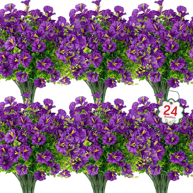 Ouddy Decor 24 Bundles Artificial Flowers for Outdoors Decoration Fake Silk Morning Glory Flowers Faux Eucalyptus Plants UV Resistant for Porch Patio Garden Spring Summer Home Decor, Purple