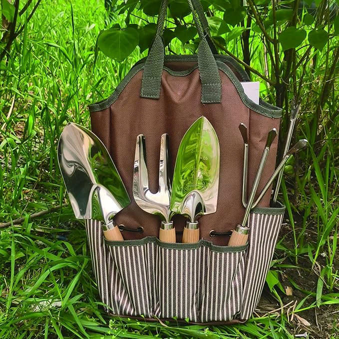 Garden Tools Set, 12 Piece Stainless Steel Hand Tool Kit with Wooden Handle, Heavy Duty Gardening Tools Include Trowel, Spade Shovel, Cultivator, Rake, Shears, Weeder, Gloves with Tool Bag