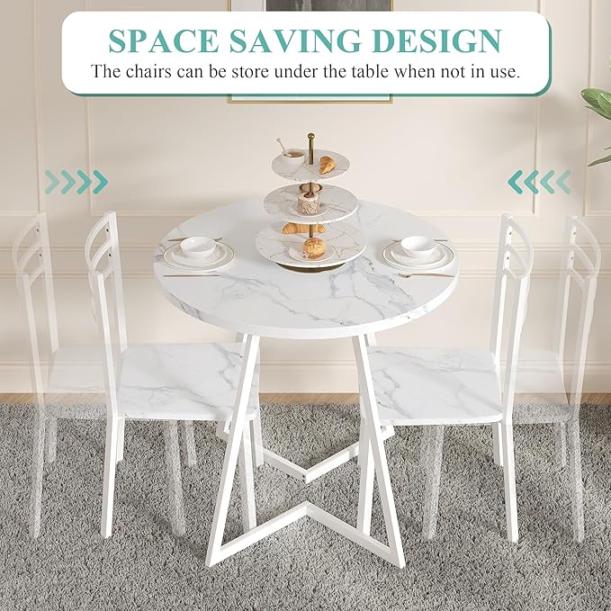 VECELO Round Dining Room Table with Wood Grain Tabletop and Steel Frame, for Kitchen, Living Room, Office, Conference, 2 to 4 Person, Fuax Marbled & White