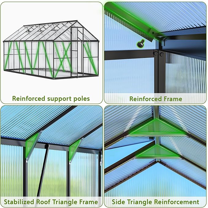 Wanan 8x16FT Greenhouses for Outdoors, Quick Assembly Polycarbonate Green House with UV Protection, Heavy Duty Windproof Aluminum Frame, Adjustable Roof Vent for Backyard or Outdoor Garden Use