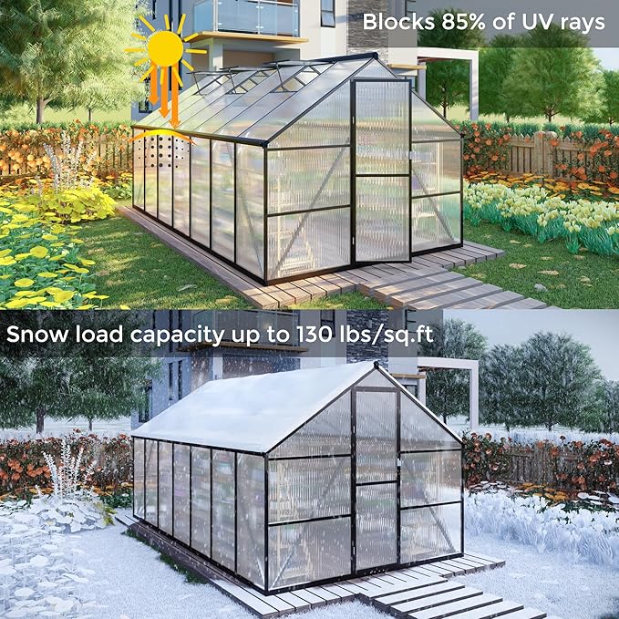 8x8 FT Greenhouses for Outdoors, Polycarbonate Greenhouse with PC Panels, Greenhouses for Outdoors for Yard, Garden, Hobby, Dark Grey