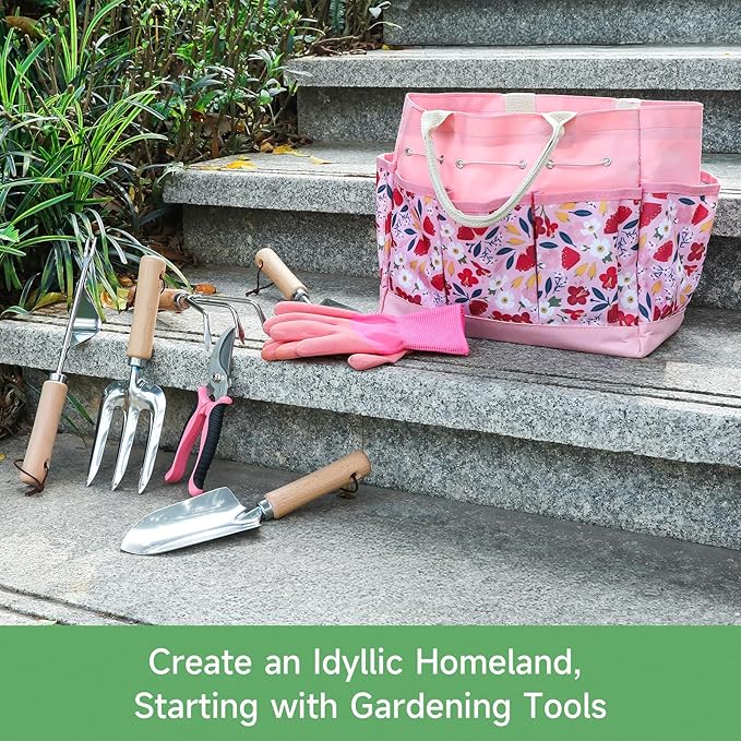 9-Piece Gardening Tools Set - Complete Gardening Kit with Heavy-Duty Stainless Hand Tools, Durable Storage Bag with Garden Accessories, Ideal Gardening Gifts for Women, Men, Gardeners - Pink