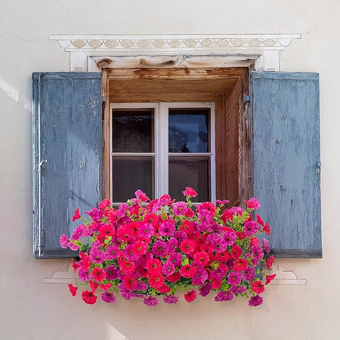 Artificial Flowers for Outdoors, 10 Bundles Fake Plastic Flower Plant, Faux Colorful Silk Morning Glory Eucalyptus for Spring Summer Outside Garden Porch Front Door Decor, Rose Purple