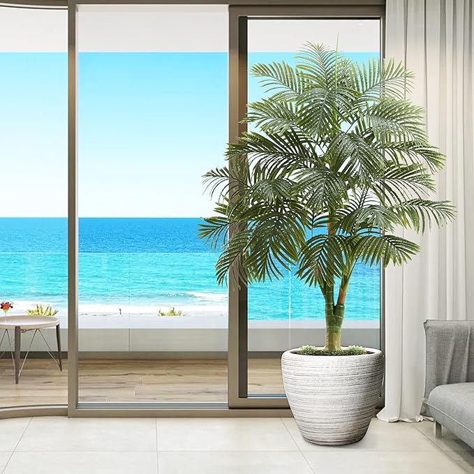 Artificial Golden Cane Palm Tree 6FT Tall Fake Plant Large Tropical Palms Trees with 3 Realistic Trunks, Faux Palm Plant Artificial Tree in Pot for Indoor Outdoor Room Patio Office Home Decor